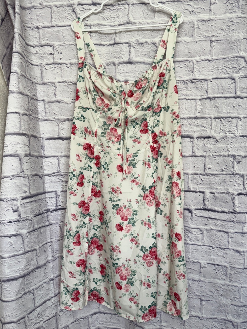 SHEIN Cream and Pink Floral Tie-Front Dress 2XL